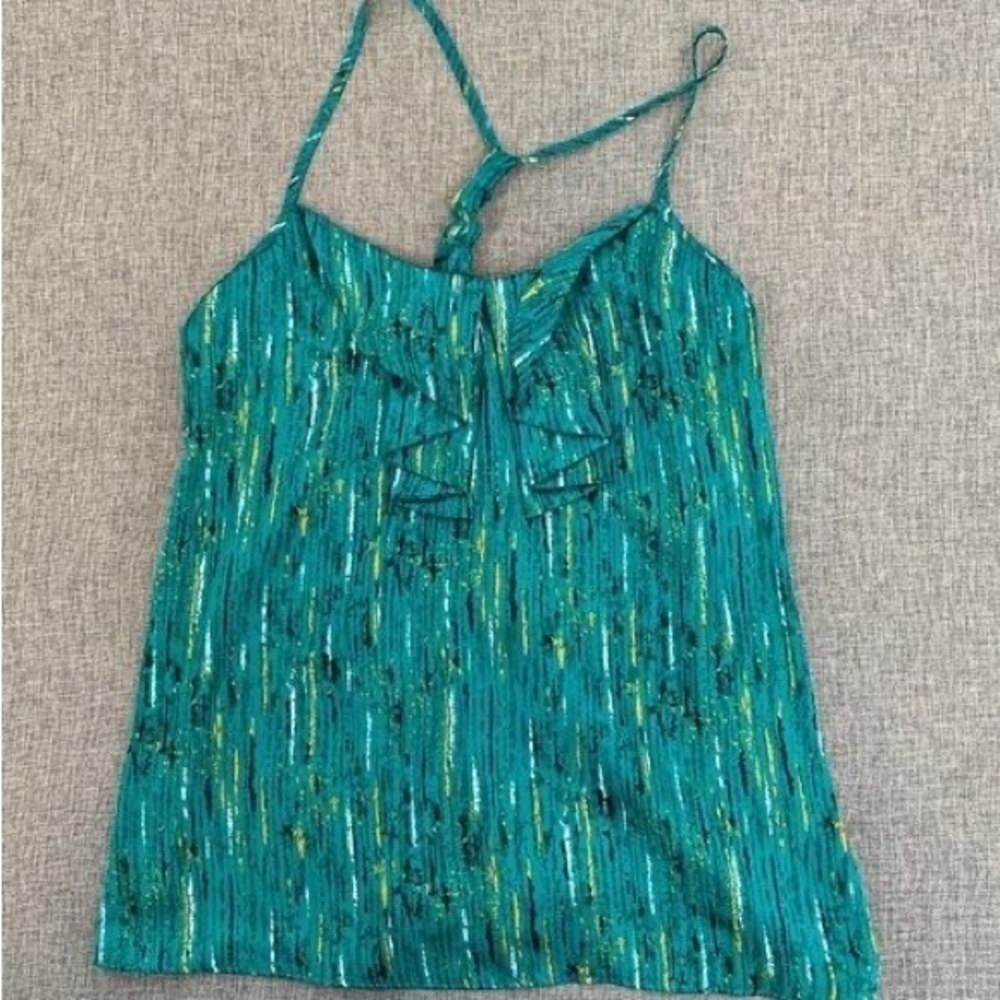 Apostrophe Green Ruffled Tank Top Large Petite Spaghetti Strap Lightweight 1221 - Picture 8 of 8